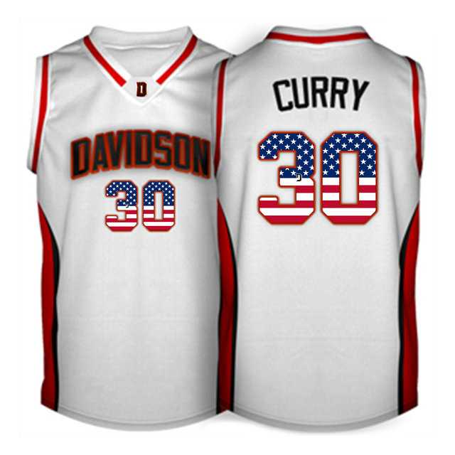 Davidson Wildcat #30 Stephen Curry White USA Flag College Basketball Jersey