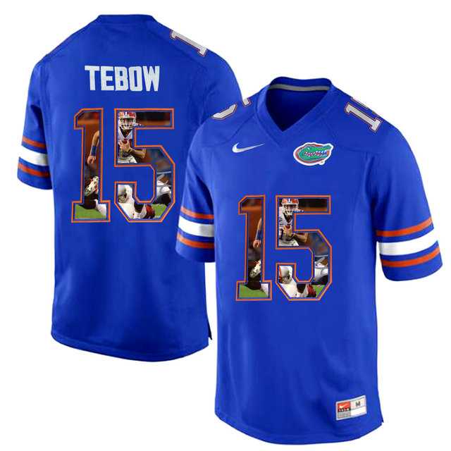 Florida Gators #15 Tim Tebow Blue With Portrait Print College Football Jersey