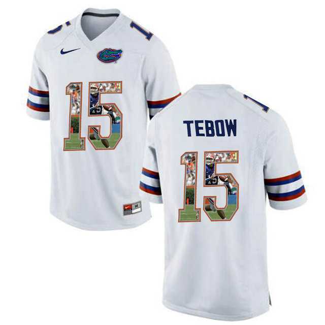 Florida Gators #15 Tim Tebow White With Portrait Print College Football Jersey