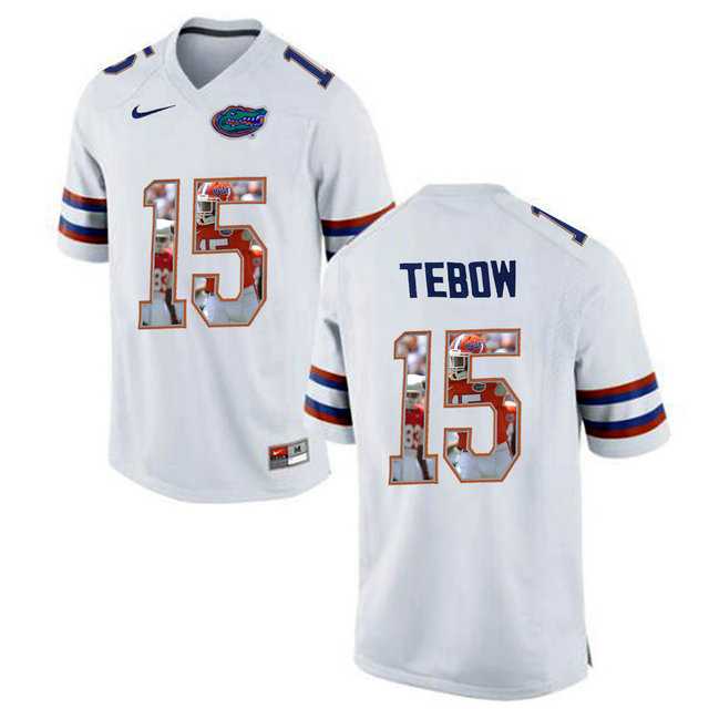 Florida Gators #15 Tim Tebow White With Portrait Print College Football Jersey2