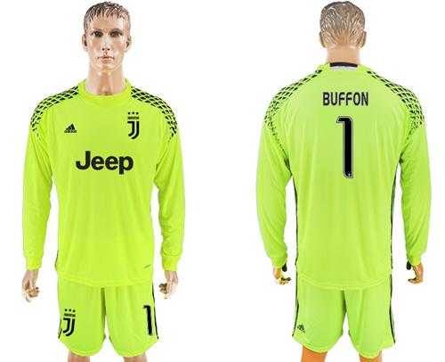 Juventus #1 Buffon Shiny Green Goalkeeper Long Sleeves Soccer Club Jersey