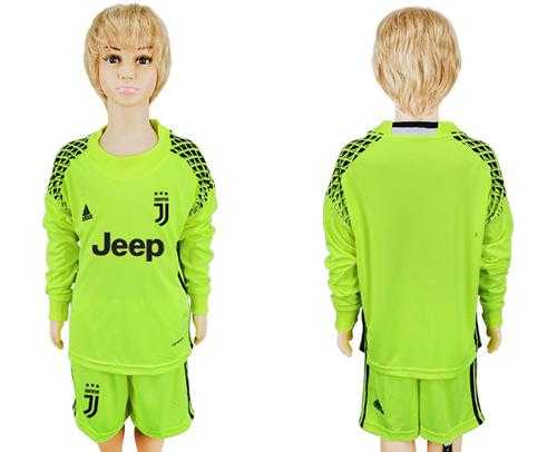 Juventus Blank Shiny Green Goalkeeper Long Sleeves Kid Soccer Club Jersey