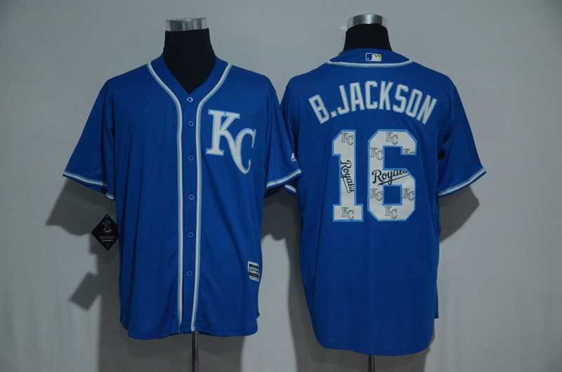 Kansas City Royals #16 Bo Jackson Blue Team Logo Print Cool Base Stitched Baseball Jersey