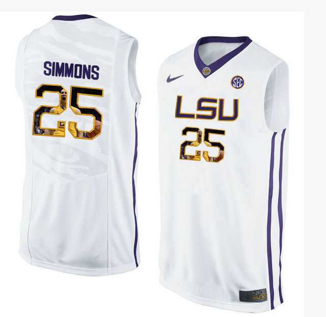LSU Tigers #25 Ben Simmons White With Portrait Print College Basketball Jersey