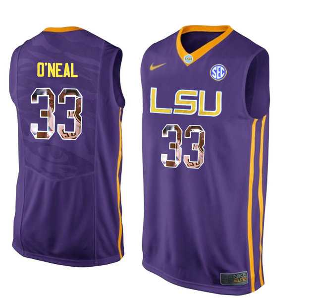 LSU Tigers #33 Shaquille O'Neal Purple With Portrait Print College Basketball Jersey