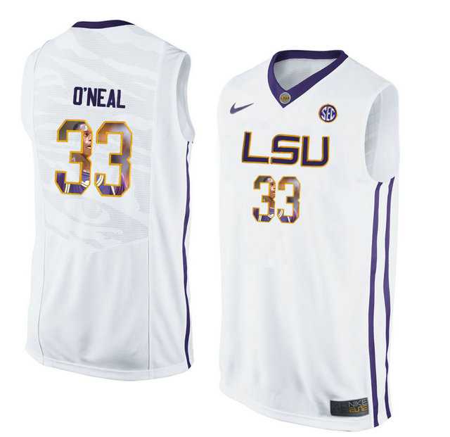 LSU Tigers #33 Shaquille O'Neal White With Portrait Print College Basketball Jersey