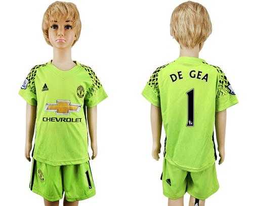 Manchester United #1 De Gea Shiny Green Goalkeeper Kid Soccer Club Jersey