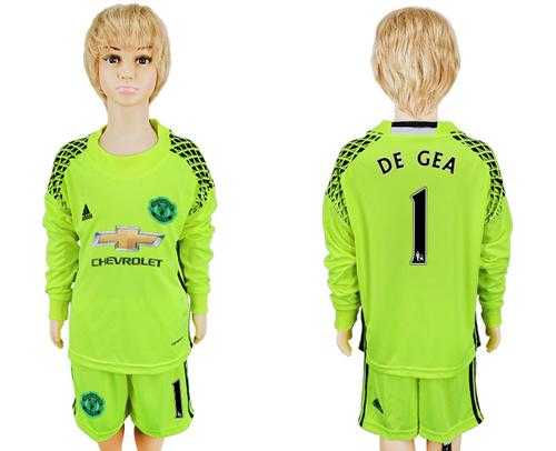 Manchester United #1 De Gea Shiny Green Goalkeeper Long Sleeves Kid Soccer Club Jersey