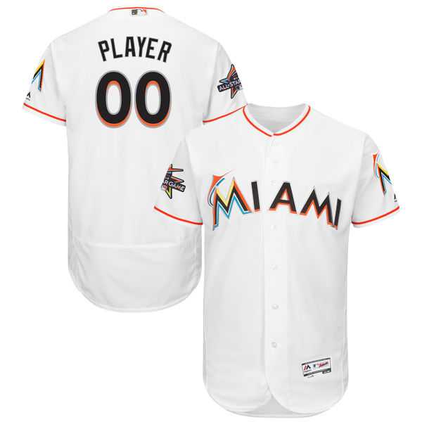 Men's Miami Marlins Majestic Home White 2017 Authentic Flexbase Custom Jersey with All-Star Game Patch