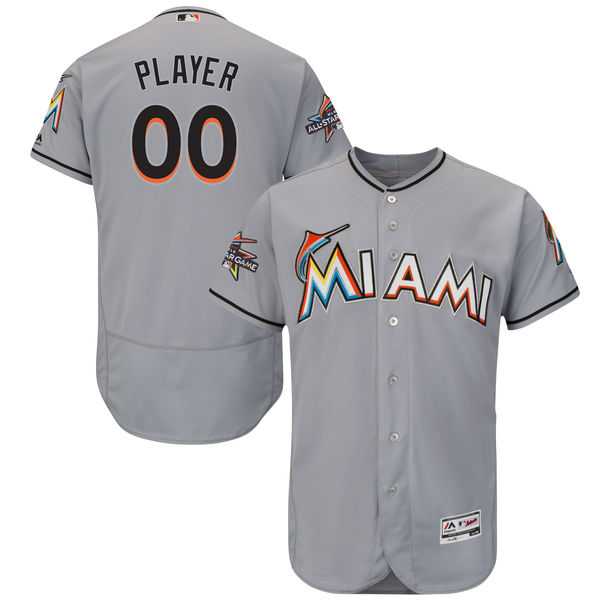 Men's Miami Marlins Majestic Road Gray 2017 Authentic Flexbase Custom Jersey with All-Star Game Patch
