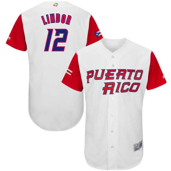Men's Puerto Rico Baseball #12 Francisco Lindor Majestic White 2017 World Baseball Classic Authentic Jersey