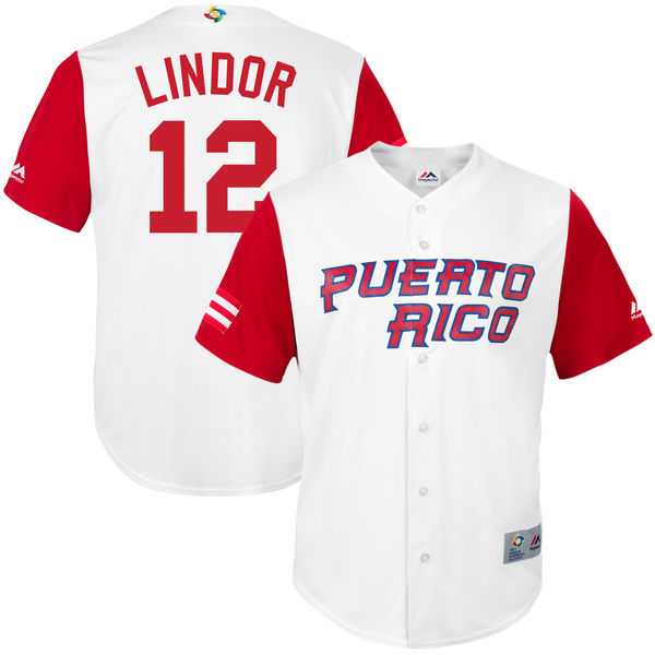 Men's Puerto Rico Baseball #12 Francisco Lindor Majestic White 2017 World Baseball Classic Jersey