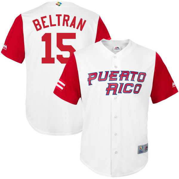 Men's Puerto Rico Baseball #15 Carlos Beltran Majestic White 2017 World Baseball Classic Jersey