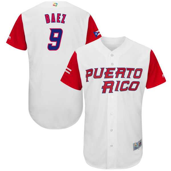 Men's Puerto Rico Baseball #9 Javier Baez Majestic White 2017 World Baseball Classic Authentic Jersey