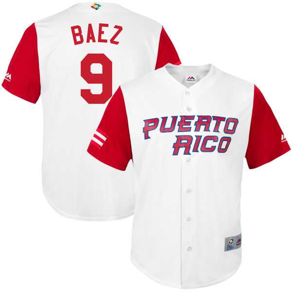 Men's Puerto Rico Baseball #9 Javier Baez Majestic White 2017 World Baseball Classic Jersey