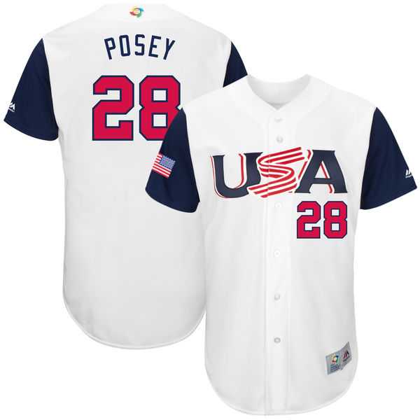 Men's USA Baseball #28 Buster Posey Majestic White 2017 World Baseball Classic Authentic Jersey