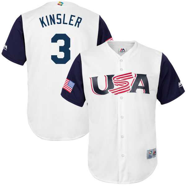 Men's USA Baseball #3 Ian Kinsler Majestic White 2017 World Baseball Classic Jersey