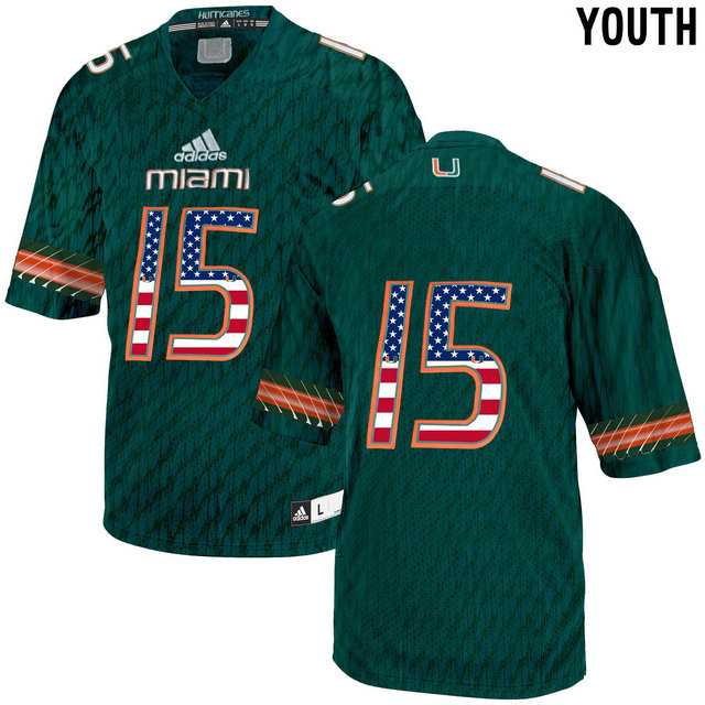 Miami Hurricanes #15 Green USA Flag Youth College Football Jersey
