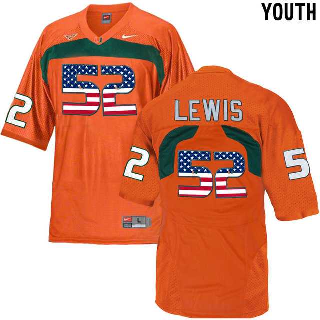 Miami Hurricanes #52 Ray Lewis Orange USA Flag Youth College Football Jersey