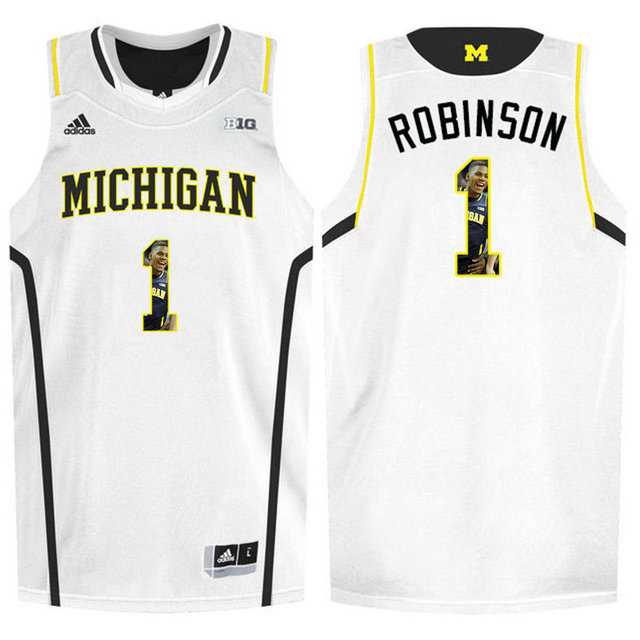 Michigan Wolverines #1 Glenn Robinson III White With Portrait Print College Basketball Jersey