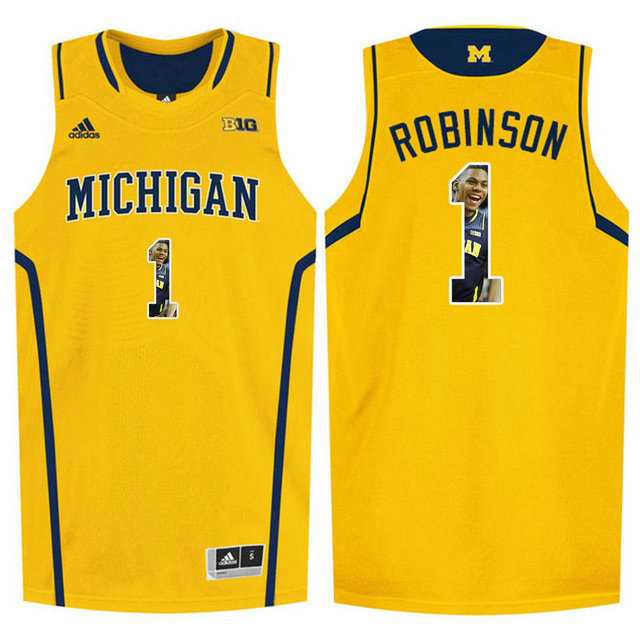 Michigan Wolverines #1 Glenn Robinson III Yellow With Portrait Print College Basketball Jersey