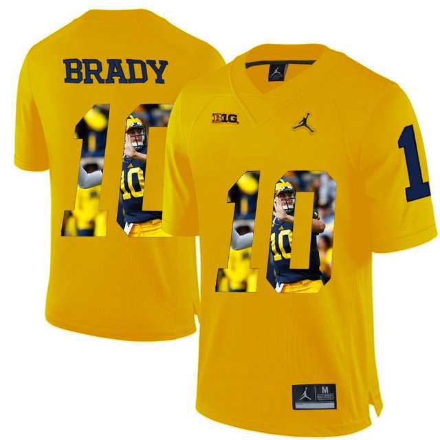 Michigan Wolverines #10 Tom Brady Yellow With Portrait Print College Football Jersey
