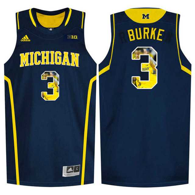 Michigan Wolverines #3 Trey Burke Navy With Portrait Print College Basketball Jersey