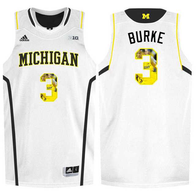 Michigan Wolverines #3 Trey Burke White With Portrait Print College Basketball Jersey