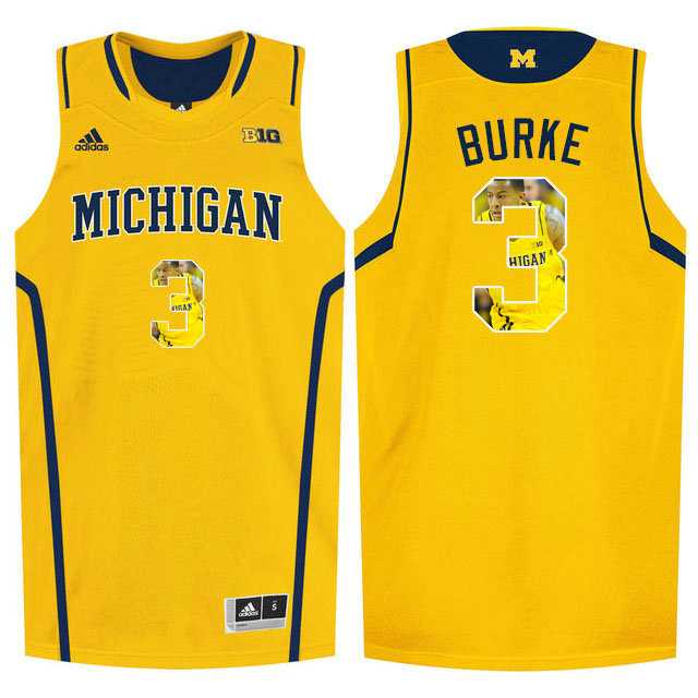 Michigan Wolverines #3 Trey Burke Yellow With Portrait Print College Basketball Jersey
