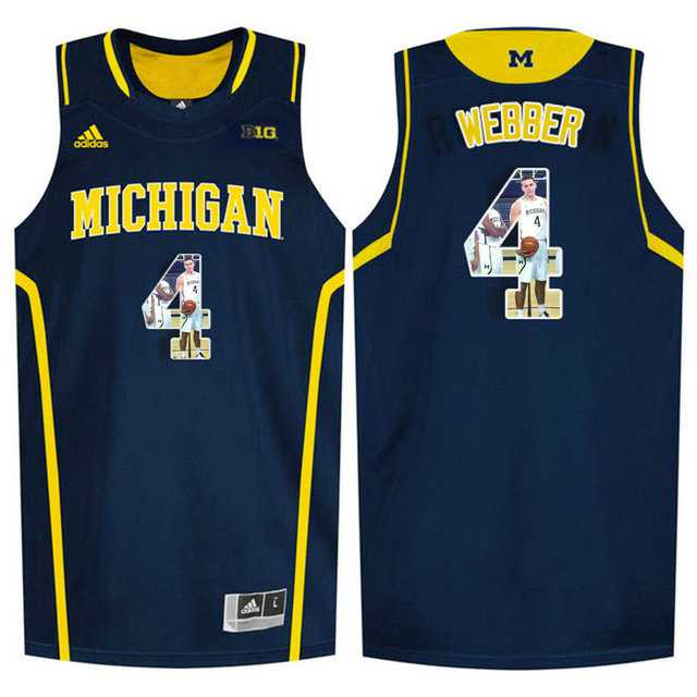 Michigan Wolverines #4 Chirs Webber Navy With Portrait Print College Basketball Jersey