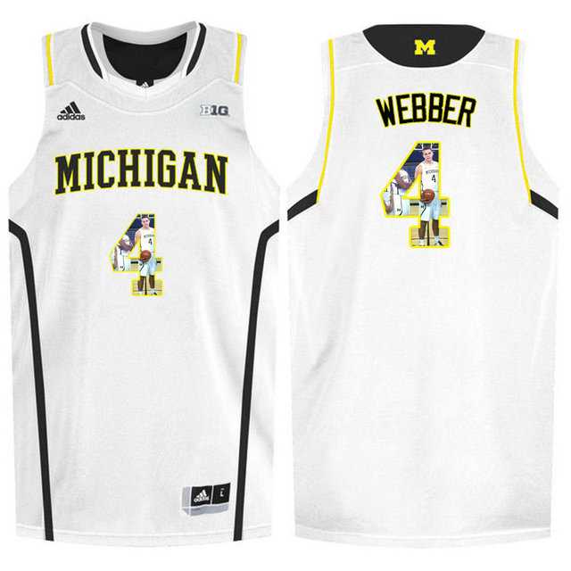Michigan Wolverines #4 Chirs Webber White With Portrait Print College Basketball Jersey