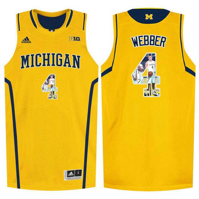 Michigan Wolverines #4 Chirs Webber Yellow With Portrait Print College Basketball Jersey