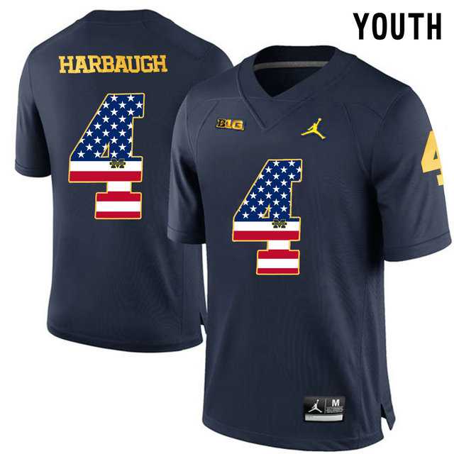 Michigan Wolverines #4 Jim Harbaugh Navy USA Flag Youth College Football Limited Jersey