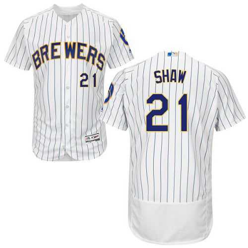 Milwaukee Brewers #21 Travis Shaw White Strip Flexbase Authentic Collection Stitched MLB Jersey