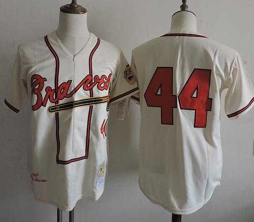Mitchell And Ness 1957 Atlanta Braves #44 Hank Aaron Cream Throwback Stitched MLB Jersey