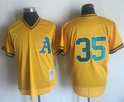 Mitchell And Ness 1984 Oakland Athletics #35 Rickey Henderson Yellow Throwback Stitched MLB Jersey Mitchell And Ness 1984 Oakland Athletics #35 Rickey Henderson Yellow Throwback Stitched MLB Jersey