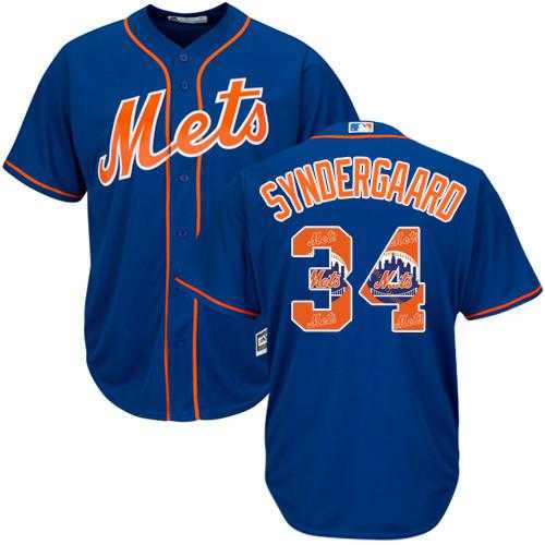 New York Mets #34 Noah Syndergaard Blue Team Logo Fashion Stitched MLB Jersey