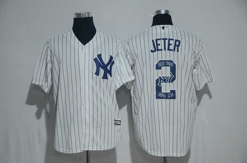 New York Yankees #2 Derek Jeter White Team Logo Print Cool Base Stitched Baseball Jersey