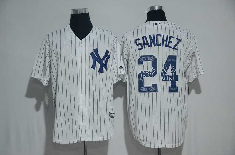 New York Yankees #24 Gary Sanchez White Team Logo Print Cool Base Stitched Baseball Jersey