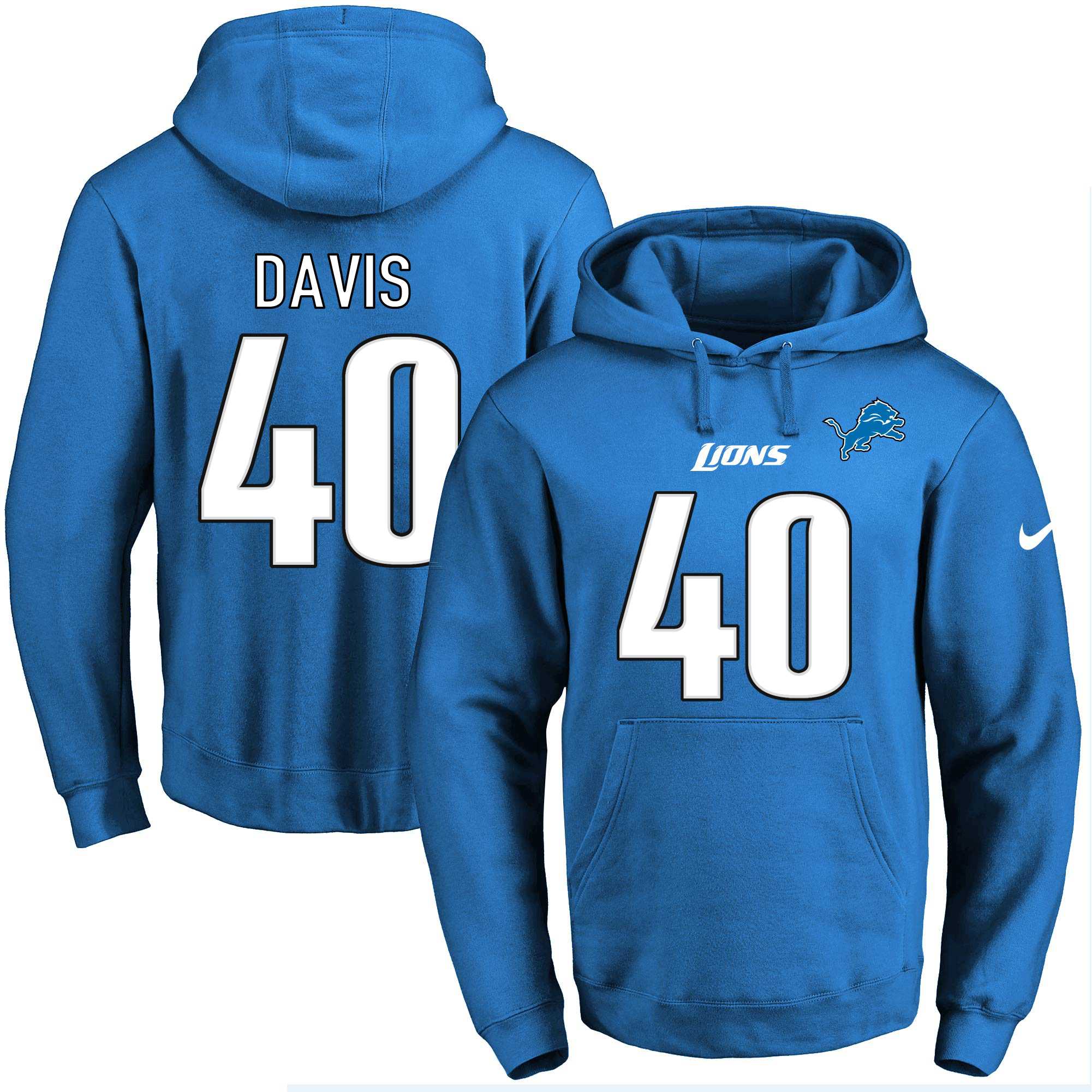 Nike Detroit Lions #40 Jarrad Davis Blue Name & Number Pullover NFL Hoodie
