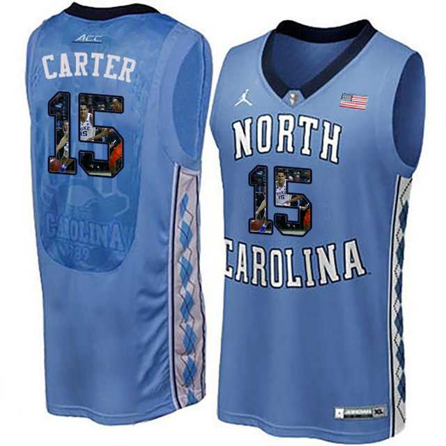 North Carolina Tar Heels #15 Vince Carter Blue With Portrait Print College Basketball Jersey