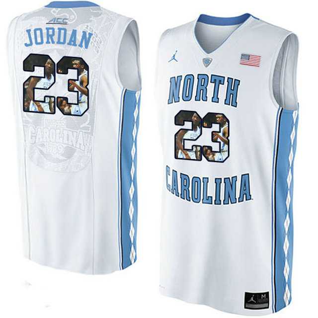 North Carolina Tar Heels #23 Michael Jordan White With Portrait Print College Basketball Jersey