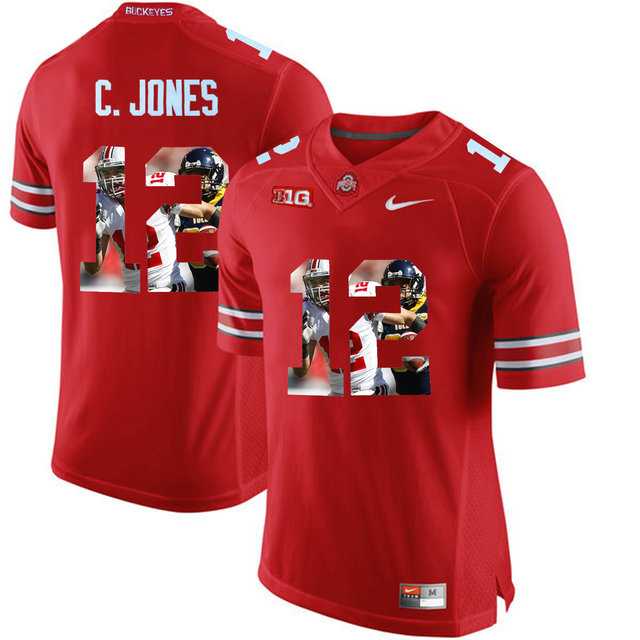 Ohio State Buckeyes #12 C.Jones Red With Portrait Print College Football Jersey