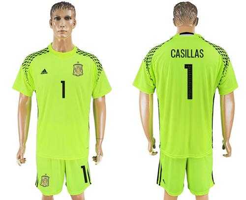 Spain #1 Casillas Shiny Green Goalkeeper Soccer Country Jersey
