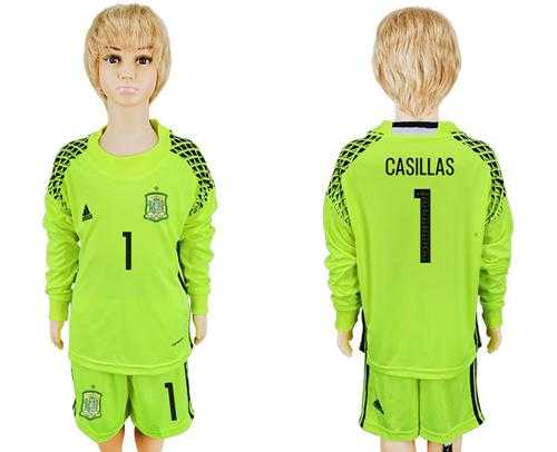 Spain #1 Casillas Shiny Green Long Sleeves Goalkeeper Kid Soccer Country Jersey