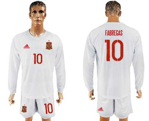 Spain #10 Fabregas White Away Long Sleeves Soccer Country Jersey