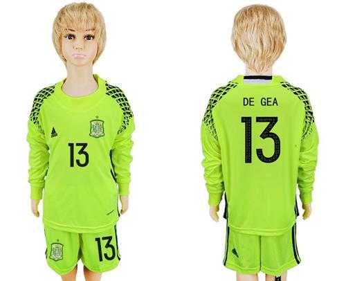 Spain #13 De Gea Shiny Green Long Sleeves Goalkeeper Kid Soccer Country Jersey