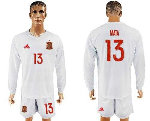 Spain #13 Mata White Away Long Sleeves Soccer Country Jersey