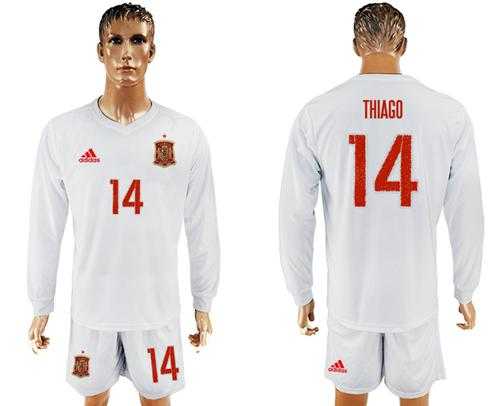 Spain #14 Thiago White Away Long Sleeves Soccer Country Jersey