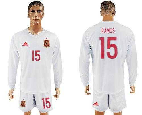 Spain #15 Ramos White Away Long Sleeves Soccer Country Jersey